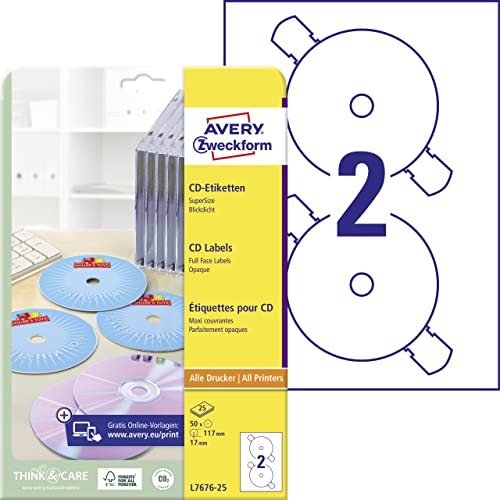 AVERY Zweckform L7676-25 selbstklebende CD-Etiketten (50 blickdichte CD-Aufkleber, Ø 117mm auf A4, SuperSize, Papier matt, bedruckbare Klebeetiketten für alle A4-Drucker) 25 Blatt, weiß, 50 Stück, 117 mm von AVERY Zweckform