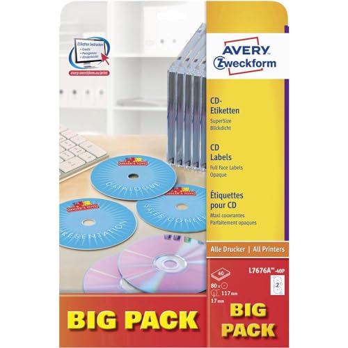 AVERY Zweckform L7676A-40P selbstklebende CD-Etiketten (80 blickdichte CD-Aufkleber, Ø 117mm auf A4, SuperSize, Papier matt, bedruckbare Klebeetiketten für alle A4-Drucker) 40 Blatt, weiß von AVERY Zweckform