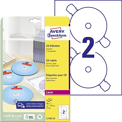 AVERY Zweckform L7760-25 selbstklebende CD-Etiketten (50 blickdichte CD-Aufkleber, Ø 117mm auf A4, SuperSize, Papier hochglänzend, bedruckbare Klebeetiketten für alle Laser-Drucker) 25 Blatt, weiß von AVERY Zweckform