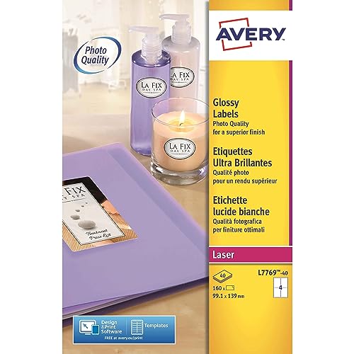 AVERY Zweckform L7769-40 Hochglanz-Etiketten (160 Glossy Aufkleber, 99,1x139mm auf A4, selbstklebend, bedruckbar, hochglänzendes Papier zur Produktkennzeichnung, für Laser-Drucker) 40 Blatt, weiß von AVERY Zweckform