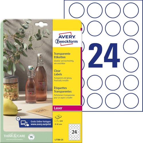 AVERY Zweckform L7780-25 transparente runde Etiketten (600 Klebepunkte, Ø40mm auf A4, selbstklebend, runde Aufkleber zum Bedrucken, wetterfest, Beschriftungen/Produktaufkleber) 25 Blatt, durchsichtig von AVERY Zweckform