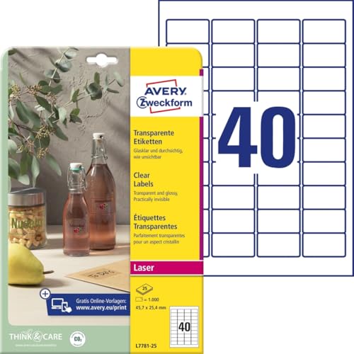 AVERY Zweckform L7781-25 transparente Etiketten (1.000 Klebeetiketten, 45,7x25,4mm auf A4, selbstklebend, Aufkleber zum Bedrucken, wetterfest, Beschriftungen/Produktaufkleber) 25 Blatt, durchsichtig von AVERY Zweckform