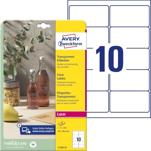 AVERY Zweckform L7783-25 transparente Etiketten (250 Klebeetiketten, 96x50,8mm auf A4, selbstklebend, Aufkleber zum Bedrucken, wetterfest, Beschriftungen/Produktaufkleber) 25 Blatt, durchsichtig von AVERY Zweckform