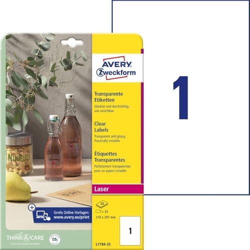 AVERY Zweckform L7784-25 transparente Etiketten (25 Klebeetiketten, 210x297mm auf A4, selbstklebend, Aufkleber zum Bedrucken, wetterfest, Beschriftungen/Produktaufkleber) 25 Blatt, durchsichtig von AVERY Zweckform