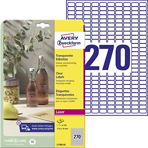 AVERY Zweckform L7785-25 transparente Etiketten (6750 Klebeetiketten, 17,8x10 mm auf A4, Aufkleber zum Bedrucken, selbstklebend, wetterfest, Beschriftungen/Produktaufkleber) 25 Blatt, durchsichtig von AVERY Zweckform
