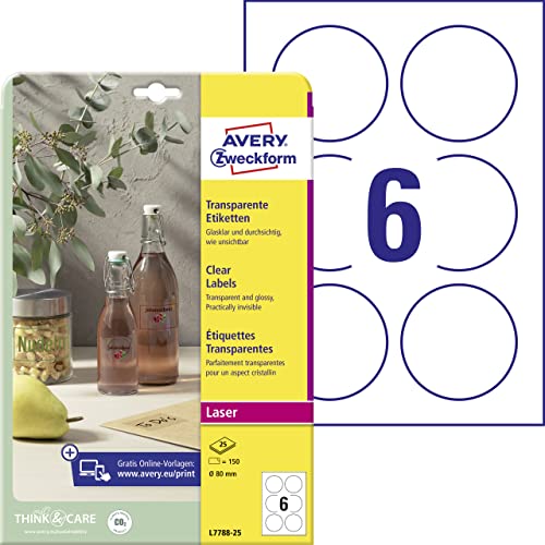 AVERY Zweckform L7788-25 transparente runde Etiketten (150 Klebepunkte, Ø80 mm auf A4, runde Aufkleber zum Bedrucken, selbstklebend, wetterfest, Beschriftungen/Produktaufkleber) 25 Blatt, durchsichtig von AVERY Zweckform