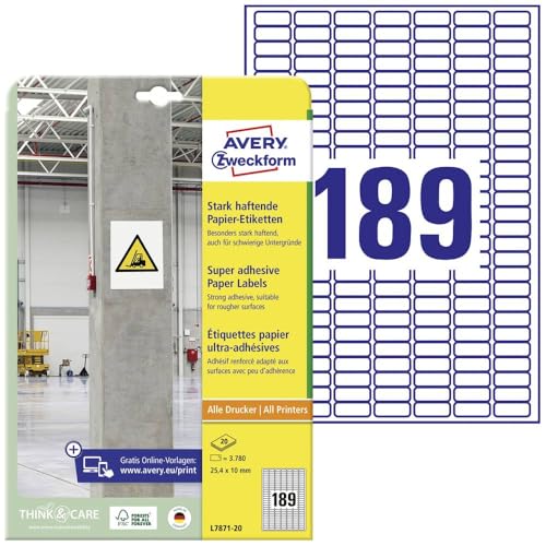 AVERY Zweckform L7871-20 Stark haftende Etiketten (3.780 Aufkleber, 25,4x10mm auf A4, extrem stark selbstklebend, auch für schwierige Oberflächen, bedruckbare Power Klebeetiketten) 20 Blatt, weiß von AVERY Zweckform