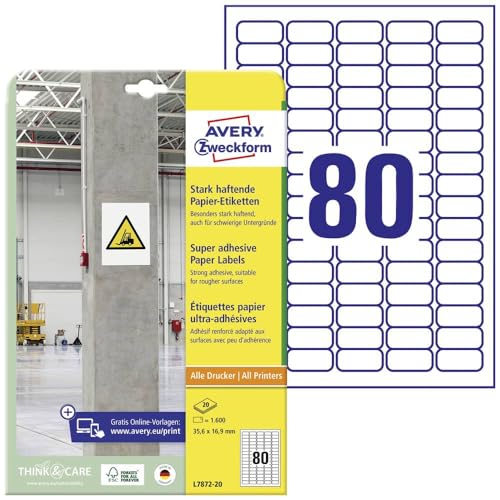 AVERY Zweckform L7872-20 Stark haftende Etiketten (1.600 Aufkleber, 35,6x16,9mm auf A4, extrem stark selbstklebend, auch für schwierige Oberflächen, bedruckbare Power Klebeetiketten) 20 Blatt, weiß von AVERY Zweckform