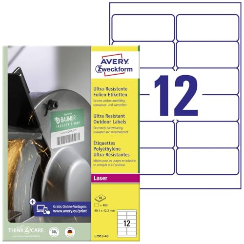 AVERY Zweckform L7913-40 Strapazierfähige Folienetiketten (480 Aufkleber, 99,1x42,3mm auf A4, extrem stark selbstklebend, für schwierige Oberflächen, bedruckbare Outdoor Klebefolie) 40 Blatt, weiß von AVERY Zweckform