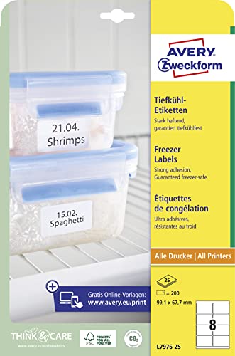 AVERY Zweckform L7976-25 Tiefkühletiketten (200 Aufkleber, 99,1x67,7mm auf A4, selbstklebend, temperaturbeständige und tiefkühlfeste Klebeetiketten für Gefriergut, bedruckbar) 25 Blatt, weiß von AVERY Zweckform