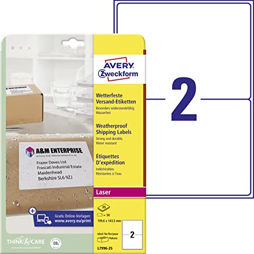 AVERY Zweckform L7996-25 wetterfeste Versandetiketten/ Versandaufkleber (50 Etiketten, 199,6 x 143,5mm auf DIN A4, bedruckbar, selbstklebend, für Pakete, Päckchen und Versandrollen) 25 Blatt, weiß von AVERY Zweckform