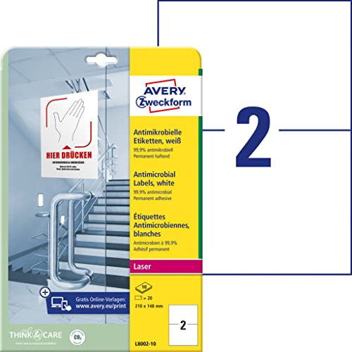 AVERY Zweckform L8002-10 selbstklebende Folie antibakteriell A5 (entfernt 99,9% aller Bakterien, Viren, Keime, 20 Hygieneaufkleber, permanente Etiketten für Türgriffe, Kontaktflächen) 10 Blatt, weiß von AVERY Zweckform