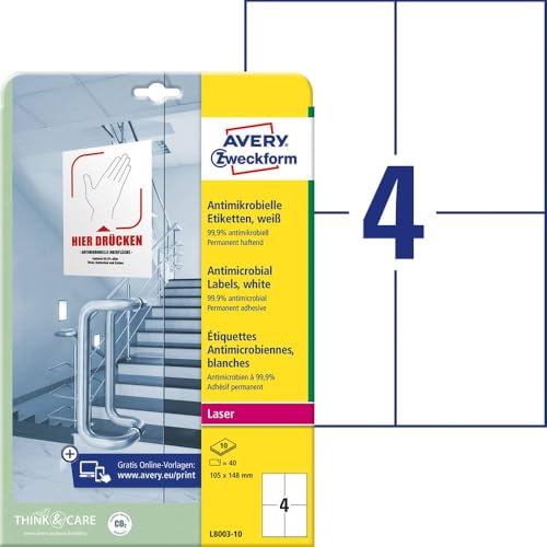 AVERY Zweckform L8003-10 selbstklebende Folie antibakteriell A6 (entfernt 99,9% aller Bakterien, Viren, Keime, 40 Hygieneaufkleber, permanente Etiketten für Türgriffe, Kontaktflächen) 10 Blatt, weiß von AVERY Zweckform