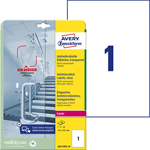 AVERY Zweckform L8011REV-10 selbstklebende Folie antibakteriell A4 (entfernt 99,9% aller Bakterien, Viren, Keime, 10 Hygieneaufkleber, wiederablösbare Etiketten für Türgriffe, Kontaktflächen) 10 Blatt von AVERY Zweckform