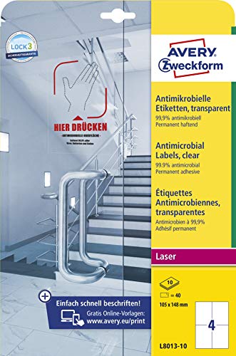 AVERY Zweckform L8013-10 selbstklebende Folie antibakteriell A6 (entfernt 99,9% aller Bakterien, Viren, Keime, 40 Hygieneaufkleber, permanente Etiketten für Türgriffe, Kontaktflächen) 10 Blatt von AVERY Zweckform