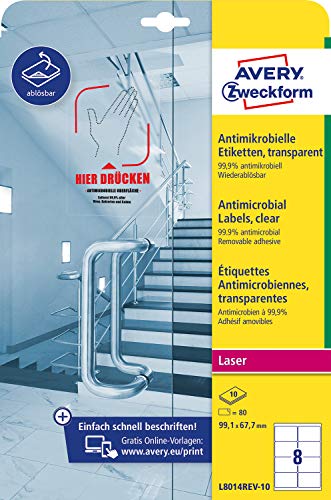 AVERY Zweckform L8014REV-10 selbstklebende Folie antibakteriell 99,1x67,7mm (entfernt 99,9% aller Bakterien, Viren, Keime, 80 Hygieneaufkleber, ablösbare Etiketten für Türgriffe, Oberflächen) 10 Blatt von AVERY Zweckform