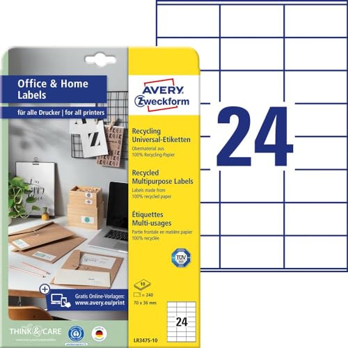 AVERY Zweckform LR3475-10 Recycling Etiketten (240 Adressaufkleber, 70x36mm auf A4, 100% recyceltes Altpapier, bedruckbare Adressetiketten, selbstklebende Klebeetiketten) 10 Blatt, naturweiß von AVERY Zweckform