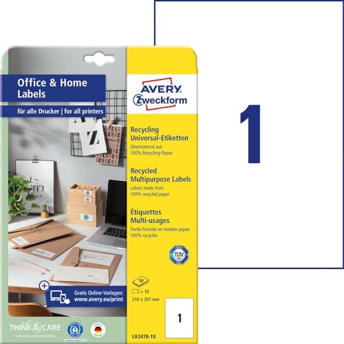 AVERY Zweckform LR3478-10 Recycling Etiketten (10 Adressaufkleber, 210x297mm auf A4, 100% recyceltes Altpapier, bedruckbare Versandetiketten, selbstklebende Klebeetiketten, DHL) 10 Blatt, naturweiß von AVERY Zweckform