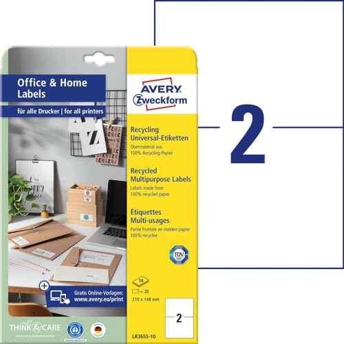 AVERY Zweckform LR3655-10 Recycling Etiketten (20 Adressaufkleber, 210x148mm auf A4, 100% recyceltes Altpapier, bedruckbare Versandetiketten, selbstklebende Klebeetiketten, DHL) 10 Blatt, naturweiß von AVERY Zweckform