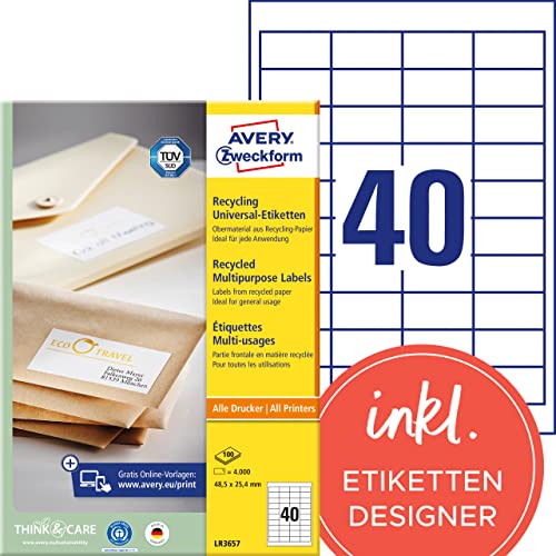 AVERY Zweckform LR3657 Recycling Etiketten (4.000 Klebeetiketten, 48,5x25,4mm auf A4, 100% recyceltes Altpapier, individuell bedruckbar, selbstklebende Aufkleber) 100 Blatt, naturweiß von AVERY Zweckform