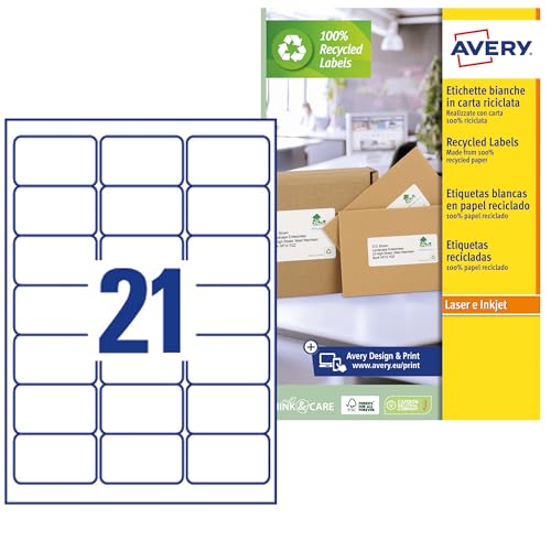 AVERY Zweckform LR7160-100 Adress-Etiketten (A4, 2.100 Stück, Recycling, 63,5 x 38,1 mm, 100 Blatt) weiß von Avery