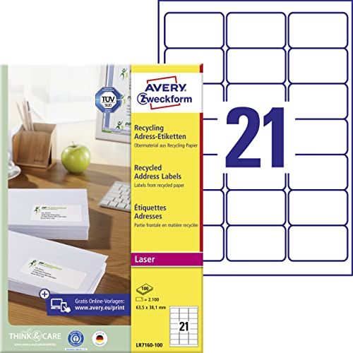 AVERY Zweckform LR7160-100 Recycling Etiketten (2.100 Adressaufkleber, 63,5x38,1mm auf A4, 100% recyceltes Altpapier, bedruckbar, selbstklebend, für DIN B6/C6 Briefkuverts) 100 Blatt, naturweiß von AVERY Zweckform