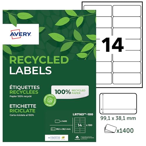 AVERY Zweckform LR7163-100 Adress-Etiketten (A4, 1.400 Stück, Recycling, 99,1 x 38,1 mm, 100 Blatt) weiß von AVERY Zweckform