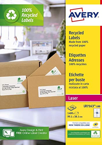 AVERY Zweckform LR7163-100 Adress-Etiketten (A4, 1.400 Stück, Recycling, 99,1 x 38,1 mm, 100 Blatt) weiß von AVERY Zweckform