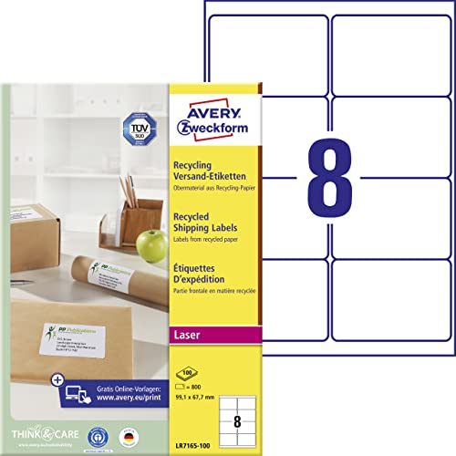 AVERY Zweckform LR7165-100 Recycling Etiketten (800 Versandetiketten, 99,1x67,7mm auf A4, 100% recyceltes Altpapier, bedruckbar, selbstklebend, für DIN B4/C4 Umschläge) 100 Blatt, naturweiß von AVERY Zweckform