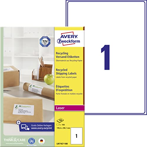 AVERY Zweckform LR7167-100 Recycling Etiketten (100 Versandetiketten, 199,6x289,1mm auf A4, 100% recyceltes Altpapier, bedruckbar, selbstklebend, für große Pakete und Päckchen) 100 Blatt, naturweiß von AVERY Zweckform