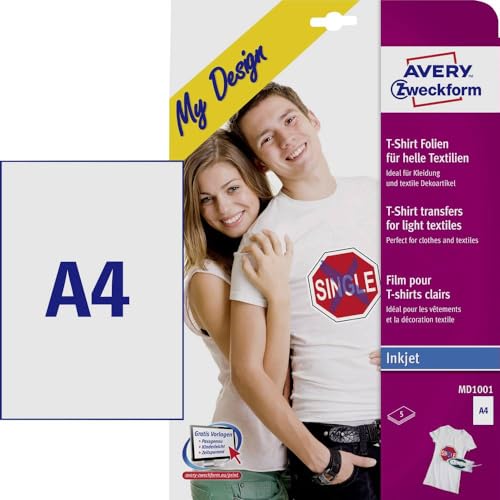 AVERY Zweckform MD1001 5 Textilfolien, T-Shirt selbst gestalten, T-Shirt bedrucken (Bügelfolie, helle Textilien, DIN A4, bedruckbare T-Shirt Folie zum Aufbügeln, Transferfolie für Inkjet-Drucker) von AVERY Zweckform