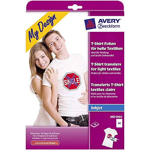 AVERY Zweckform MD1002 10 Textilfolien, T-Shirt selbst gestalten, T-Shirt bedrucken (Bügelfolie, helle Textilien, DIN A4, bedruckbare T-Shirt Folie zum Aufbügeln, Transferfolie für Inkjet-Drucker) von AVERY Zweckform