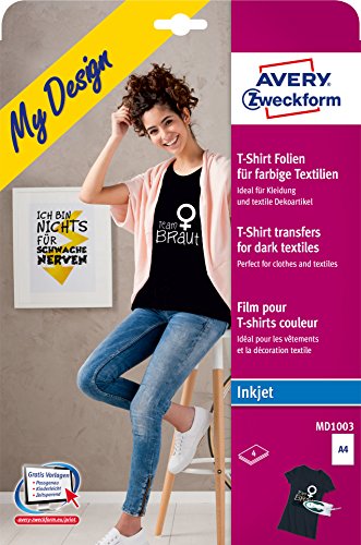 AVERY Zweckform MD1003 4 Textilfolien, T-Shirt selbst gestalten, T-Shirt bedrucken (Bügelfolie, farbige Textilien, DIN A4, bedruckbare T-Shirt Folie zum Aufbügeln, Transferfolie für Inkjet-Drucker) von Avery