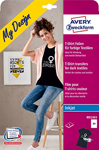 AVERY Zweckform MD1003 4 Textilfolien, T-Shirt selbst gestalten, T-Shirt bedrucken (Bügelfolie, farbige Textilien, DIN A4, bedruckbare T-Shirt Folie zum Aufbügeln, Transferfolie für Inkjet-Drucker) von AVERY Zweckform