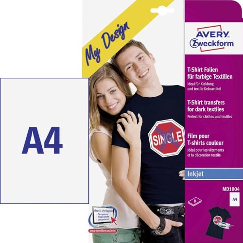 AVERY Zweckform MD1004 8 Textilfolien, T-Shirt selbst gestalten, T-Shirt bedrucken (Bügelfolie, farbige Textilien, DIN A4, bedruckbare T-Shirt Folie zum Aufbügeln, Transferfolie für Inkjet-Drucker) von AVERY Zweckform