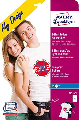 AVERY Zweckform MD1005 5 Textilfolien, T-Shirt selbst gestalten, T-Shirt bedrucken (Bügelfolie, farbige/helle Textilien, A4, bedruckbare T-Shirt Folie zum Aufbügeln, Transferfolie für Inkjet-Drucker) von AVERY Zweckform