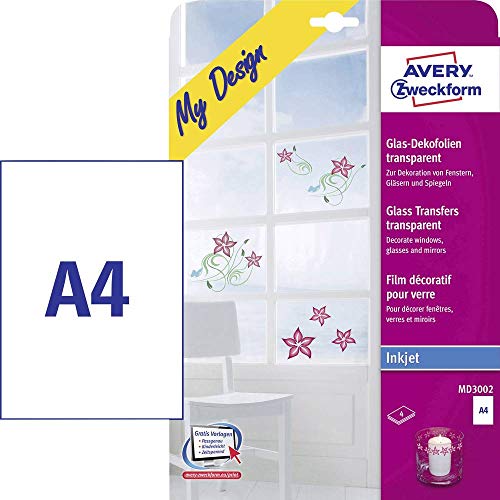 AVERY Zweckform MD3002 Glas- und Fensterfolie (210x297 mm auf DIN A4, selbstklebend, bedruckbare Dekofolie für Glasflächen, Inkjet-/Tintenstrahldrucker) 4 Transferfolien transparent von AVERY Zweckform
