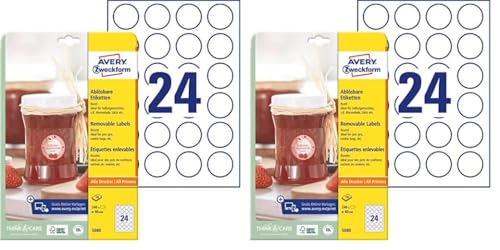 AVERY Zweckform Marmeladenetiketten Art. 5080 (240 Aufkleber ablösbar, Ø 40mm auf A4, rund, für Gewürz oder Einmachgläser, Gebäcktüten, Geschenke und Selbstgemachtes aus der Küche) 10 Blatt weiß von AVERY Zweckform