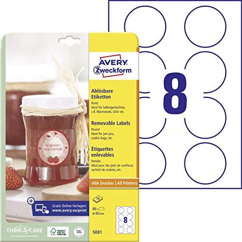 AVERY Zweckform Marmeladenetiketten Art. 5081 (80 Aufkleber ablösbar, Ø 65mm auf A4, rund, für Einmachgläser, Gewürzgläser, Gebäcktüten, Geschenke und Selbstgemachtes aus der Küche) 10 Blatt weiß von AVERY Zweckform