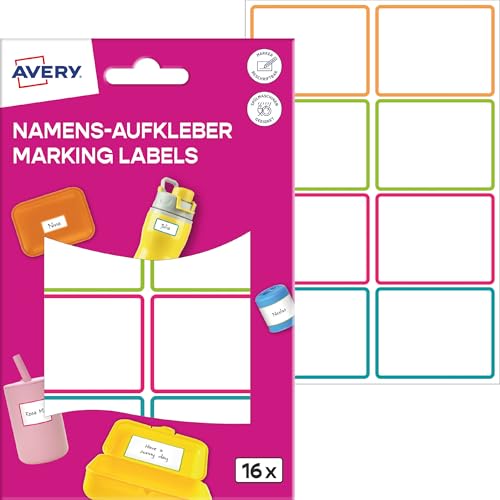 AVERY Zweckform NAME16C Namensaufkleber Kinder wasserfest 16 Stück (35x36mm, Folie, selbstklebende Namens-Etiketten, beschriftbare Namensschilder, Spülmaschinenfest, für Schule, Kindergarten) bunt von AVERY Zweckform