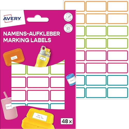 AVERY Zweckform NAME48C Namensaufkleber Kinder wasserfest 48 Stück (15x31mm, Folie, selbstklebende Namens-Etiketten, beschriftbare Namensschilder, Spülmaschinenfest, für Schule, Kindergarten) bunt von AVERY Zweckform