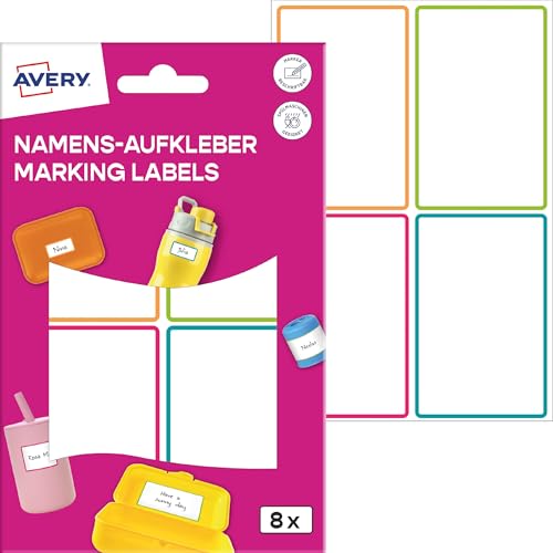 AVERY Zweckform NAME8C Namensaufkleber Kinder wasserfest 8 Stück (46x72mm, Folie, selbstklebende Namens-Etiketten, beschriftbare Namensschilder, Spülmaschinenfest, für Schule, Kindergarten) bunt von AVERY Zweckform