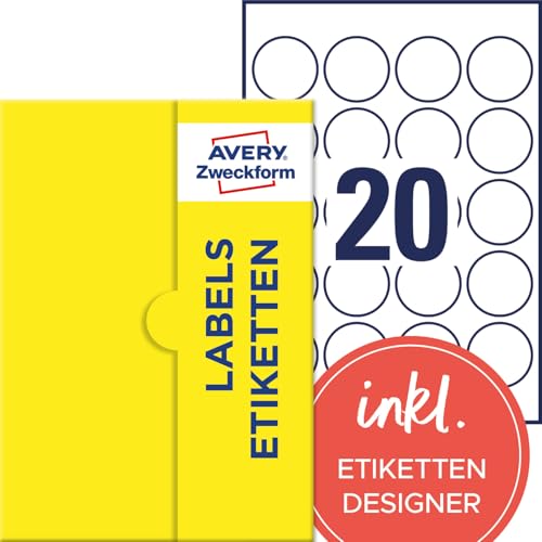 AVERY Zweckform P3413-25 Runde Etiketten (500 Klebepunkte, Ø45mm auf A4, runde Aufkleber zum Bedrucken, selbstklebende Produktetiketten, permanent haftende Marmeladenetiketten) 25 Blatt, weiß von AVERY Zweckform