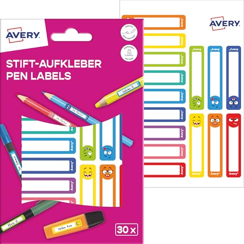 AVERY Zweckform RESMI30S Namensaufkleber Stifte Kinder 30 Stück (50x10mm, Papier, selbstklebende Stiftaufkleber, beschriftbare Stiftetiketten, Mini Namensetiketten für Schule, Kindergarten) bunt von AVERY Zweckform