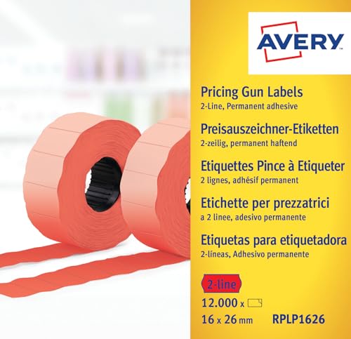 Avery Zweckform RPLP1626 Preisauszeichner-Etiketten, 2-zeilig, 16 x 26 mm, 10 Rollen/12.000 Etiketten, rot von AVERY Zweckform