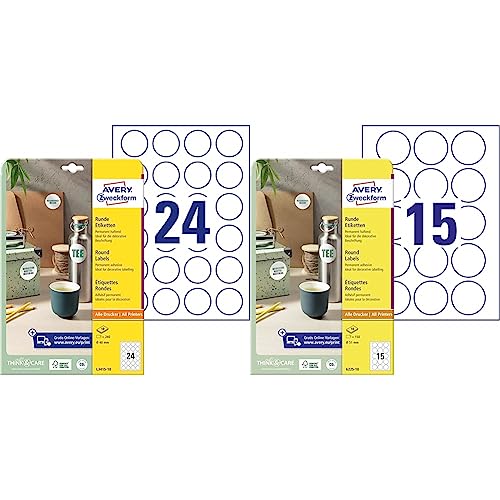 AVERY Zweckform Runde Etiketten L3415-10 (240 Aufkleber auf 10 Blatt, zum Bedrucken, selbstklebend, Ø 40 mm, A4) weiß & 6225-10 Runde Etiketten (150 Klebepunkte, Ø51mm auf A4) 10 Blatt, weiß von AVERY Zweckform