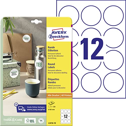 AVERY Zweckform L3416-10 Runde Etiketten (120 Klebepunkte, Ø60mm auf A4, runde Aufkleber zum Bedrucken, selbstklebende Produktetiketten, permanent haftende Marmeladenetiketten) 10 Blatt, weiß von AVERY Zweckform