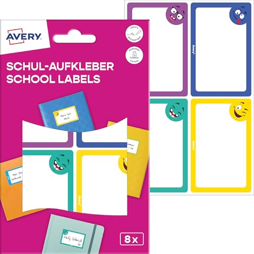 AVERY Zweckform SCHOOL8S Namensaufkleber Schule Kinder 8 Stück (46x72mm, Papier, selbstklebende Heftaufkleber, beschriftbare Namensetiketten, Buchetiketten für Schule, Kindergarten) bunt, Gesichter von AVERY Zweckform
