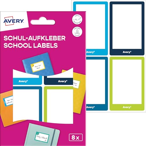 AVERY Zweckform SCHOOL8G Namensaufkleber Schule Kinder 8 Stück (46x72mm, Papier, selbstklebende Heftaufkleber, beschriftbare Namensetiketten, Buchetiketten für Schule, Kindergarten) bunt von AVERY Zweckform