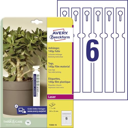 AVERY Zweckform T3008-10 wetterfeste Schlaufenanhänger 60 Stück (250x25mm auf A4, beidseitig bedruckbare Schlaufenetiketten, reißfeste Schlüsselanhänger, robuste Pflanzenbeschriftung) Folie, weiß von AVERY Zweckform
